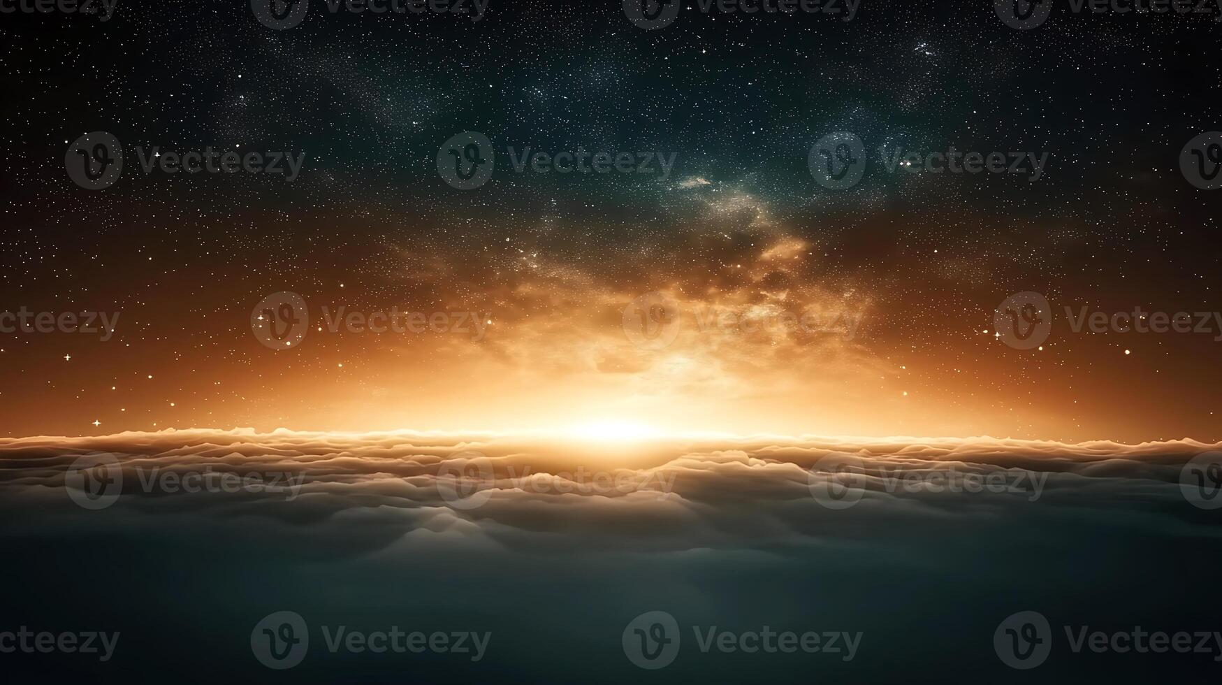 Stunning sunrise over a sea of clouds with a starry sky and colorful horizon at dawn photo