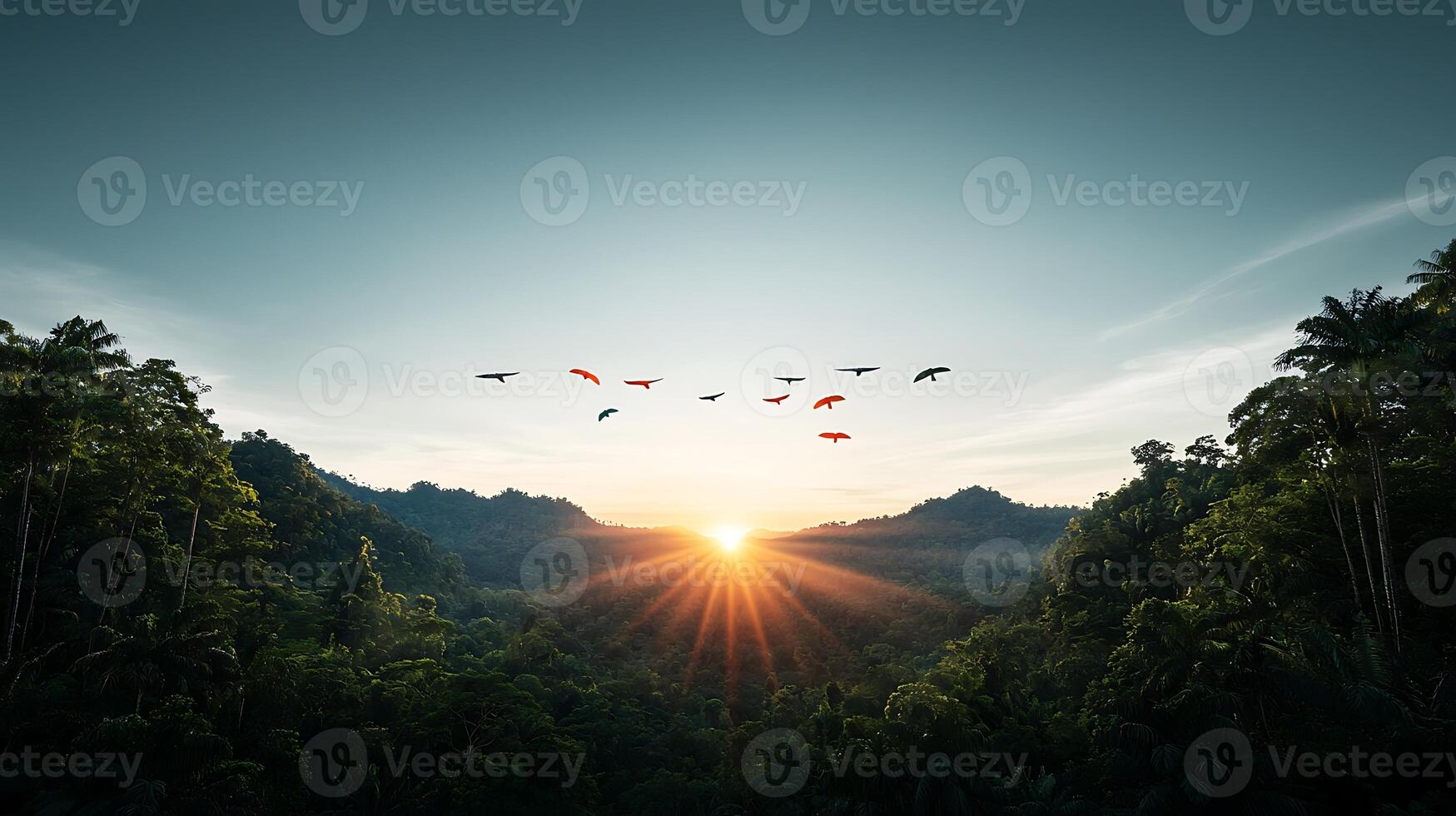 Stunning sunrise over a lush jungle with colorful birds flying across the horizon photo