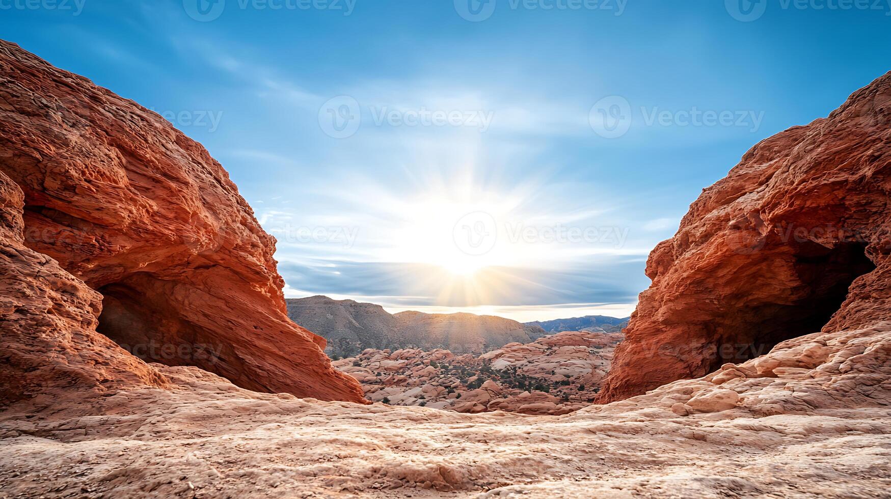 Stunning sunset view between red rock formations, showcasing nature's beauty and serenity photo