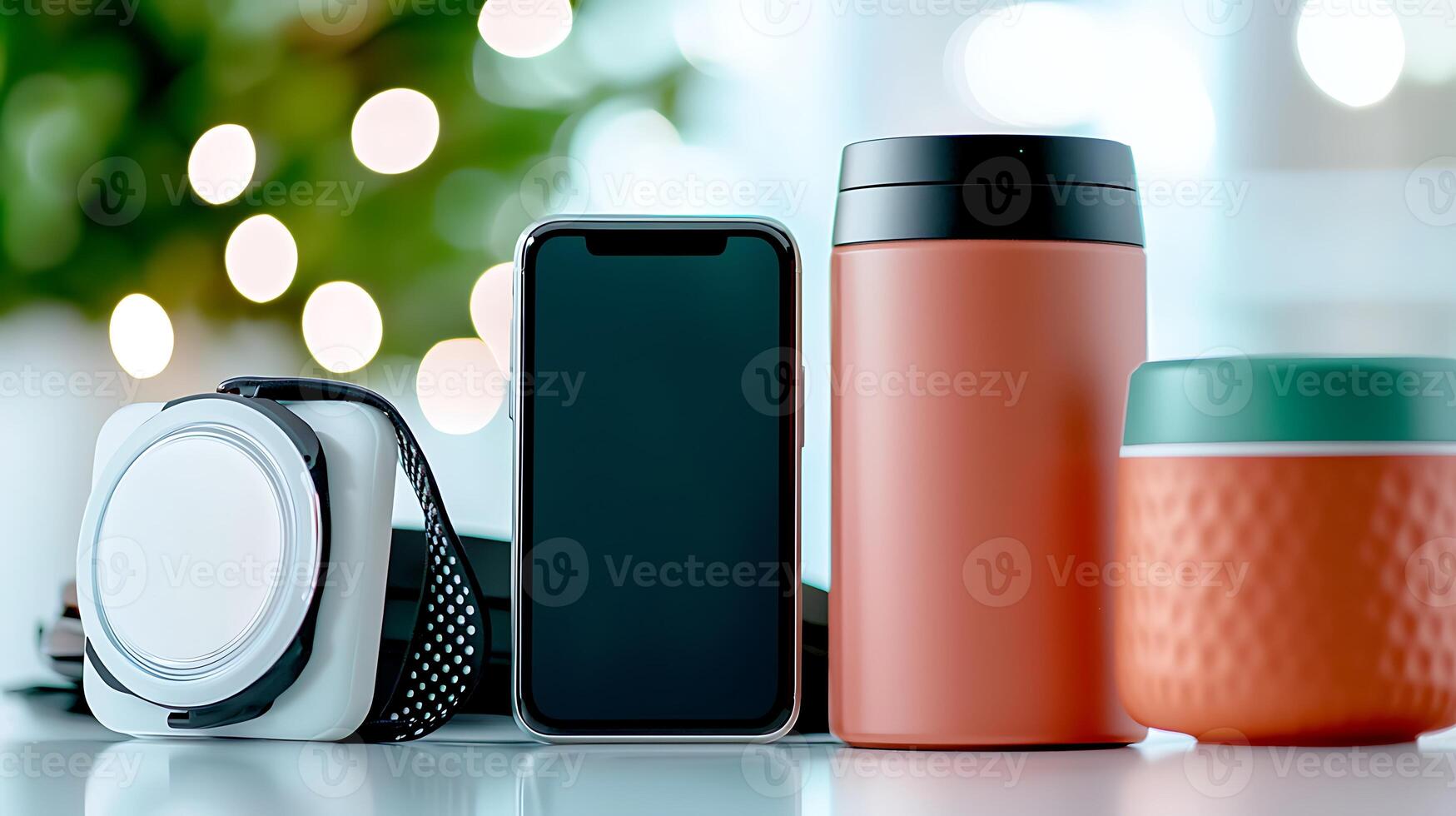 Stylish arrangement of a smartphone, fitness tracker, and colorful drink containers on a table photo