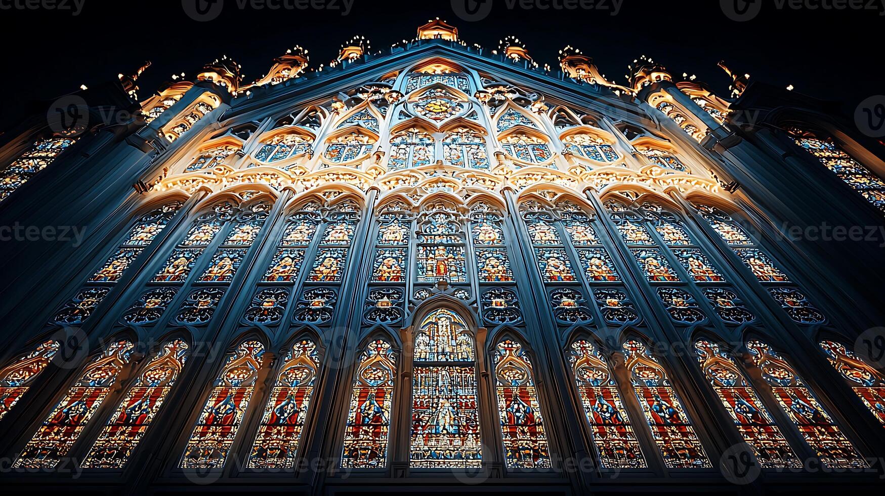 Stunning stained glass window of a historic cathedral illuminated at night, showcasing intricate designs photo