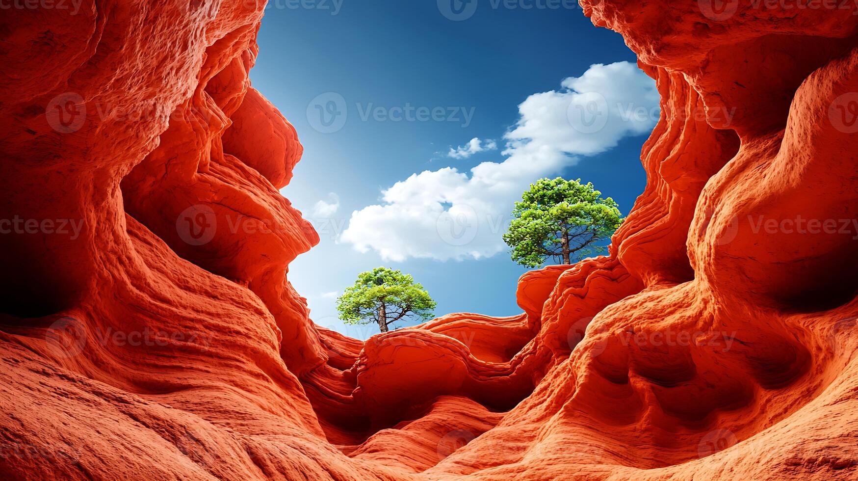 Stunning view of vibrant red rock formations with green trees under a bright blue sky photo
