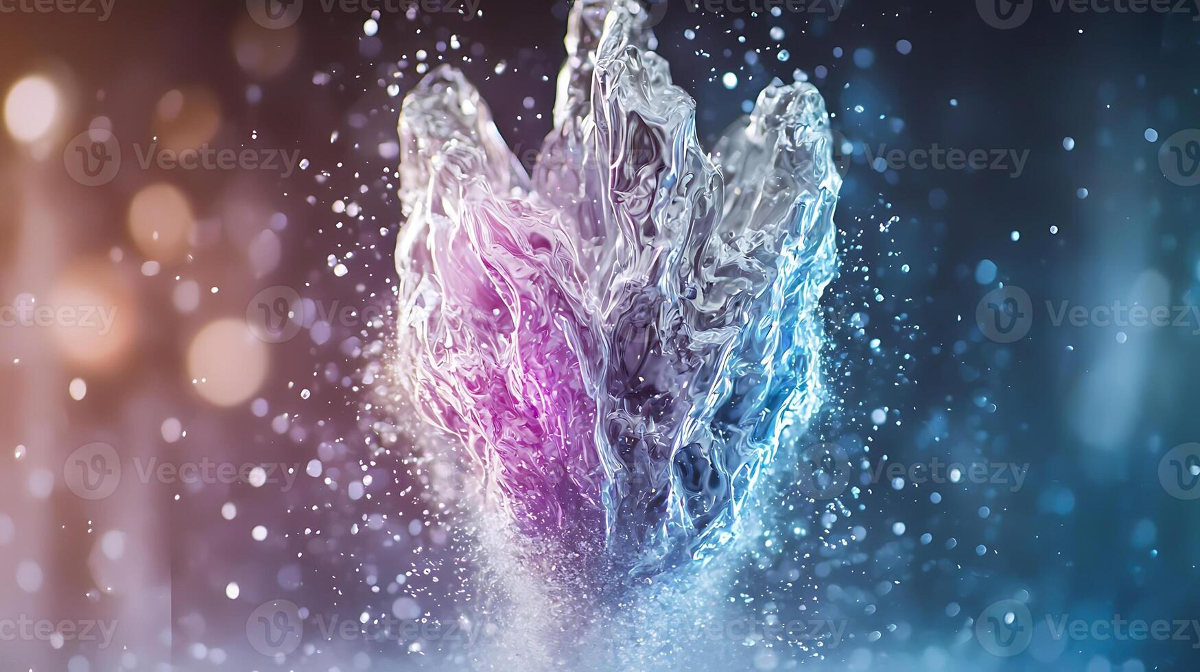 Stunning water splash resembling a colorful flower against a blurred background of light photo