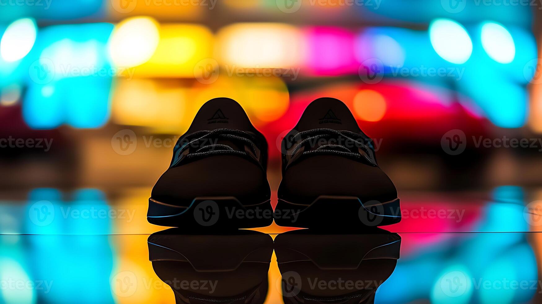 Stylish athletic shoes positioned in focus against a vibrant, blurred urban backdrop at night photo