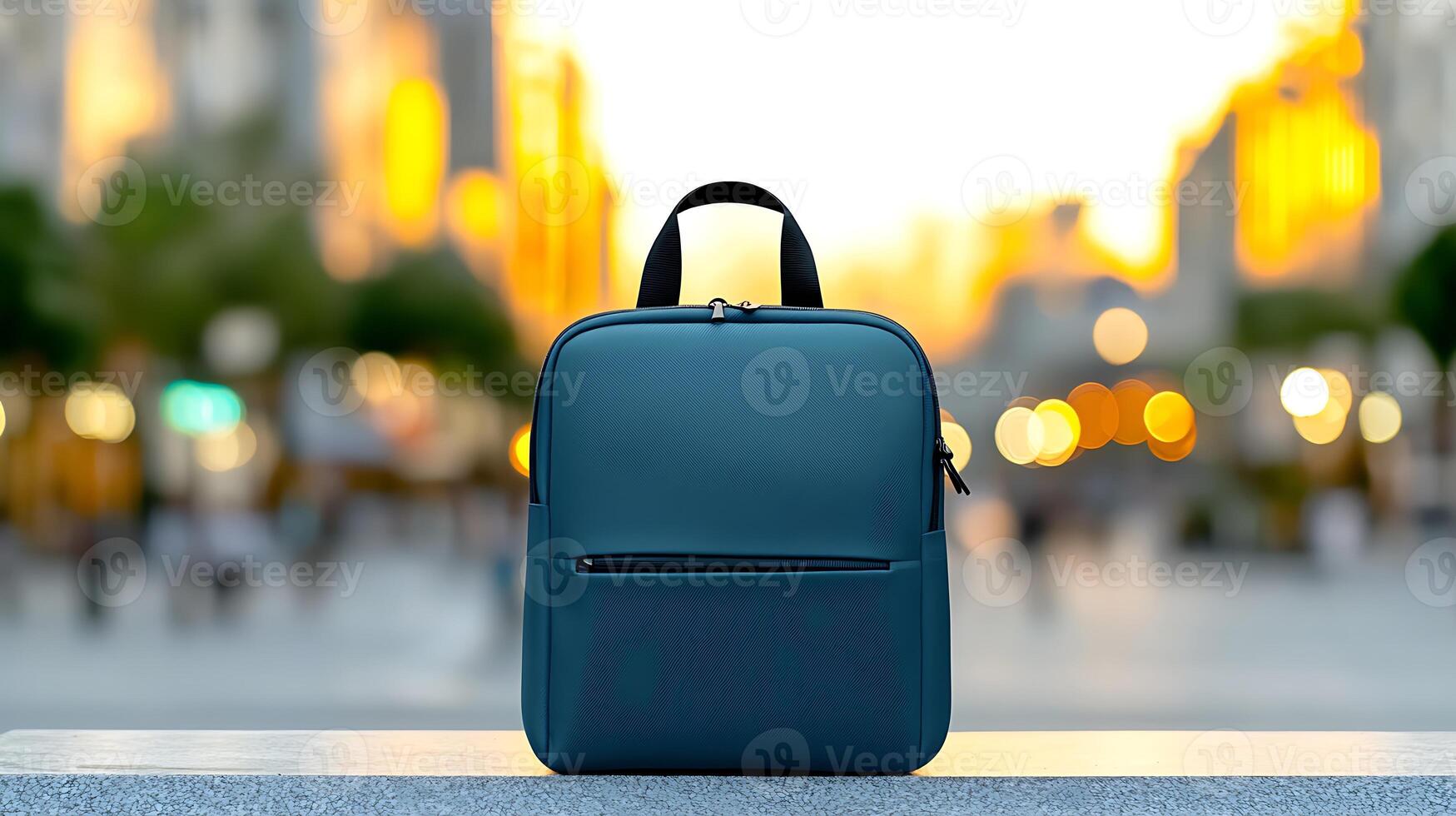 Stylish backpack positioned on a stone surface in a vibrant urban setting during sunset photo