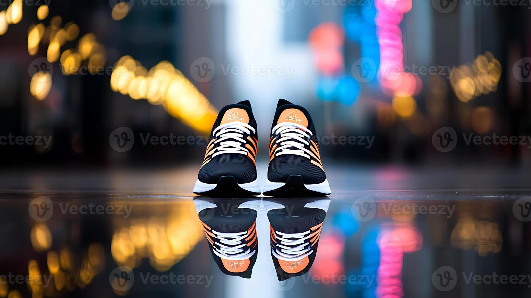 Stylish athletic shoes positioned on a reflective surface in a vibrant urban setting at dusk photo