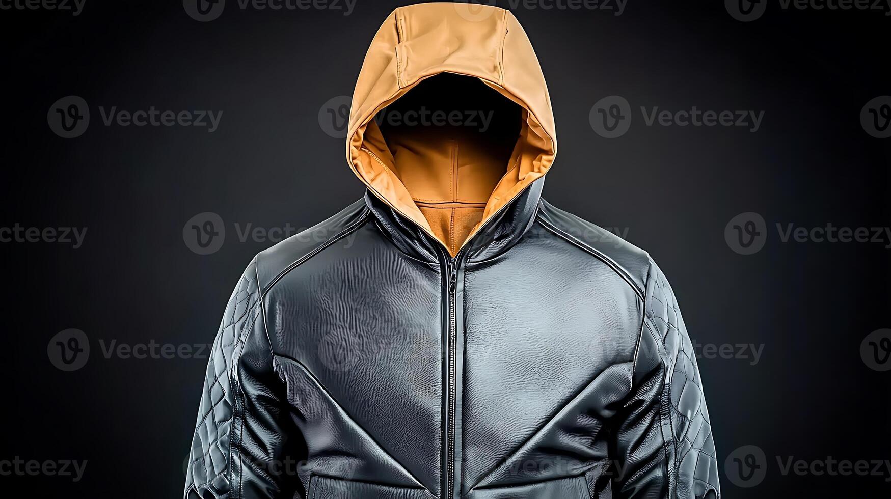 Stylish black and orange hooded jacket displayed against a dark background, emphasizing design details photo
