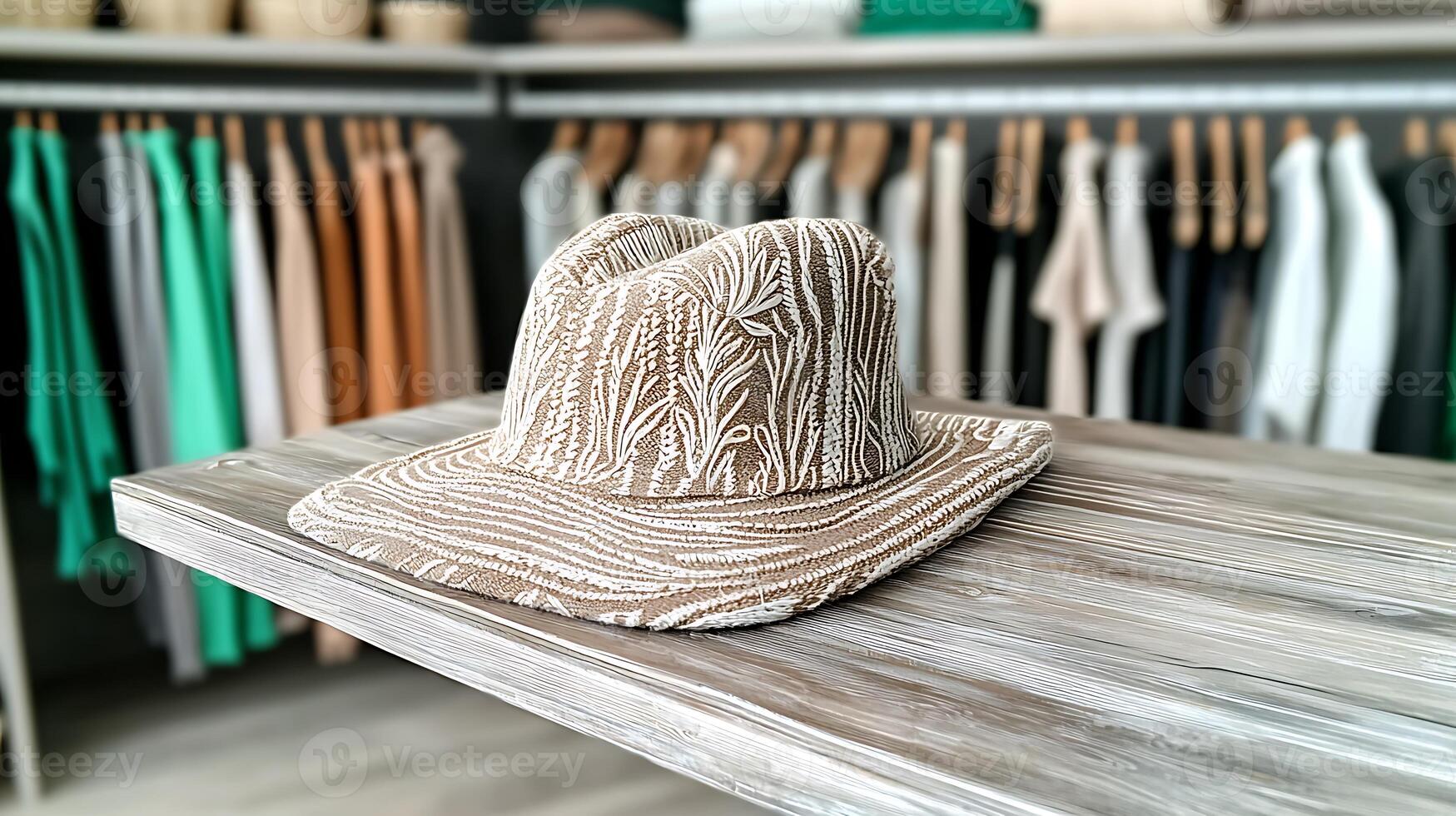 Stylish beige hat with intricate patterns displayed on a wooden shelf in a modern clothing store photo