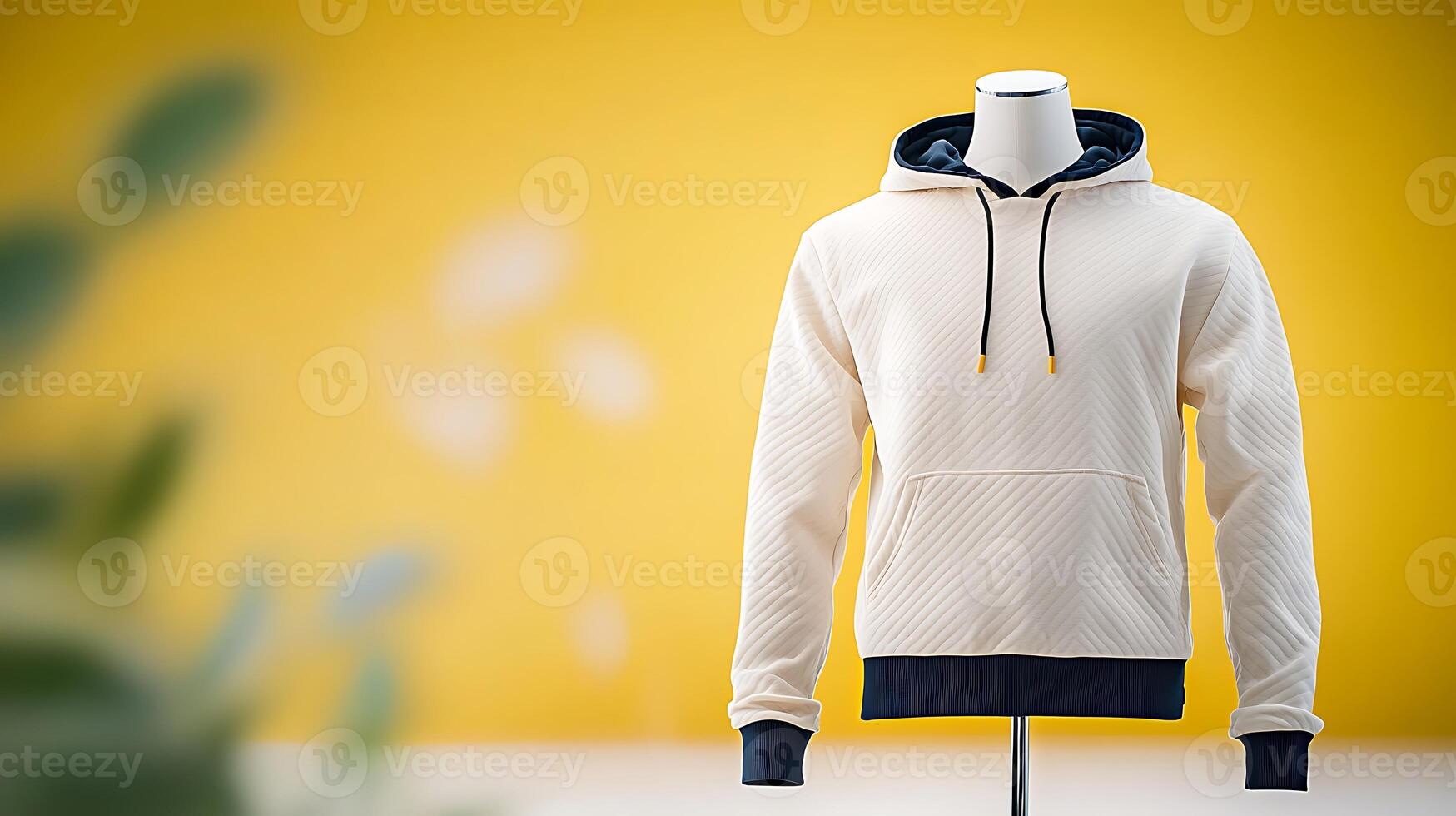 Stylish beige hoodie displayed on a mannequin against a vibrant yellow background photo