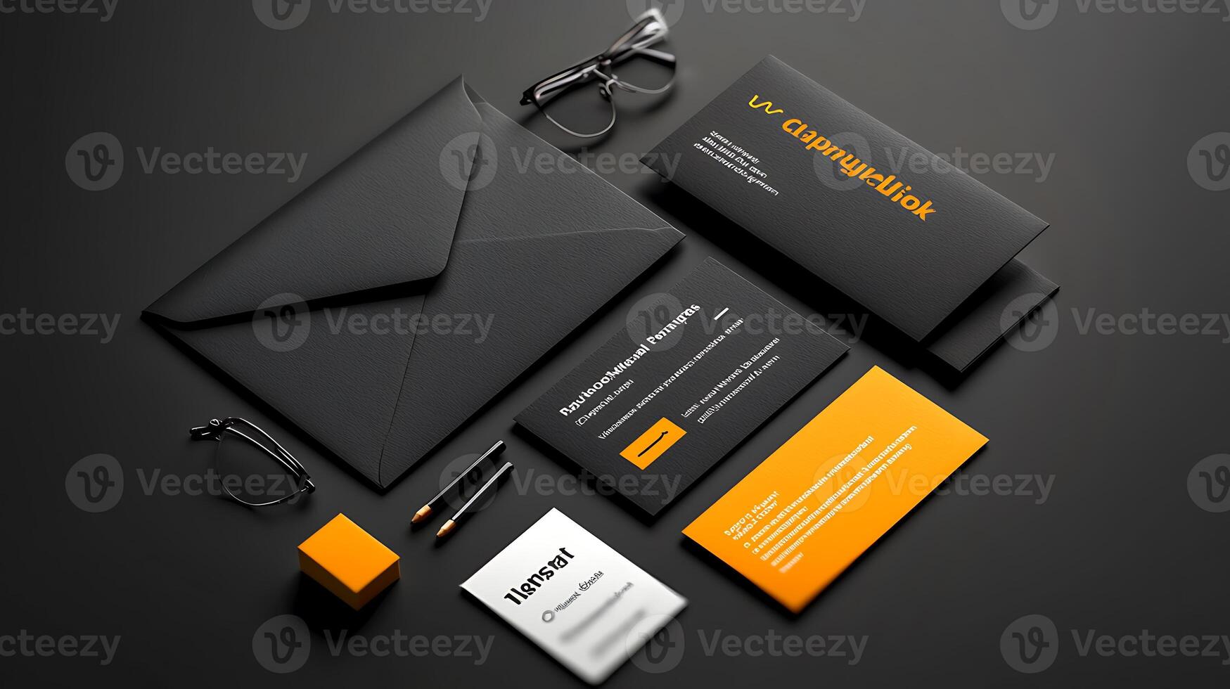 Stylish black and orange branding materials arranged on a dark surface with glasses and pen photo