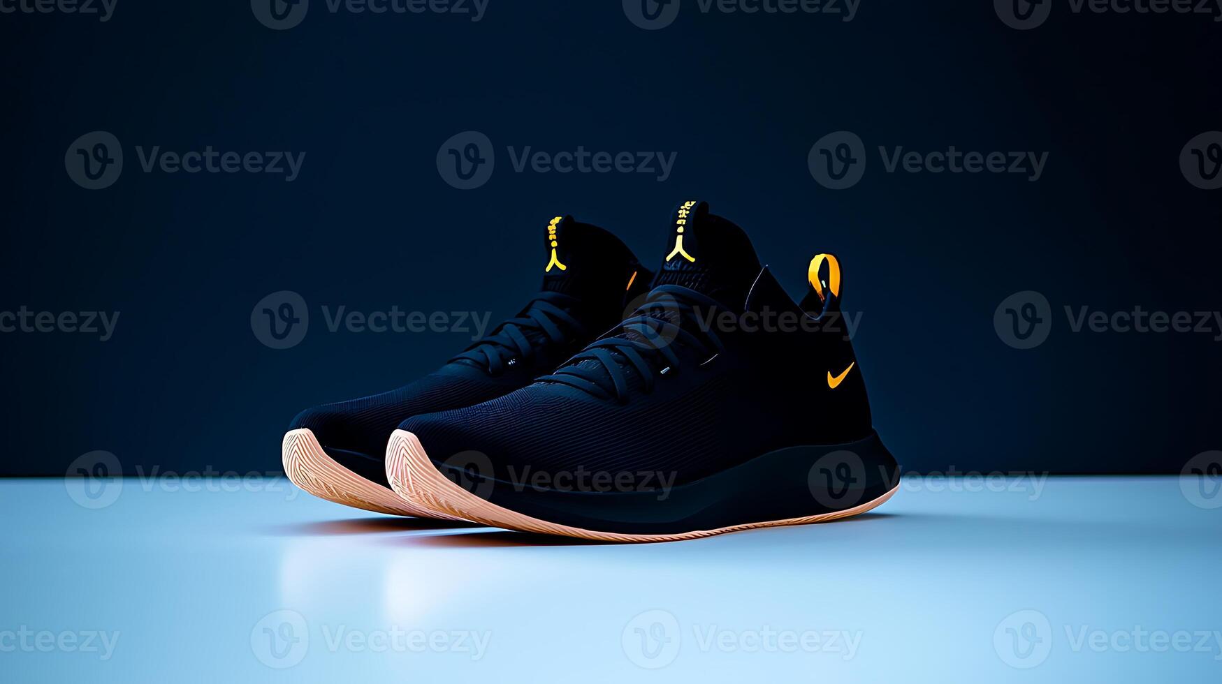 Stylish black athletic shoes with yellow accents displayed on a minimalist surface against a dark background photo