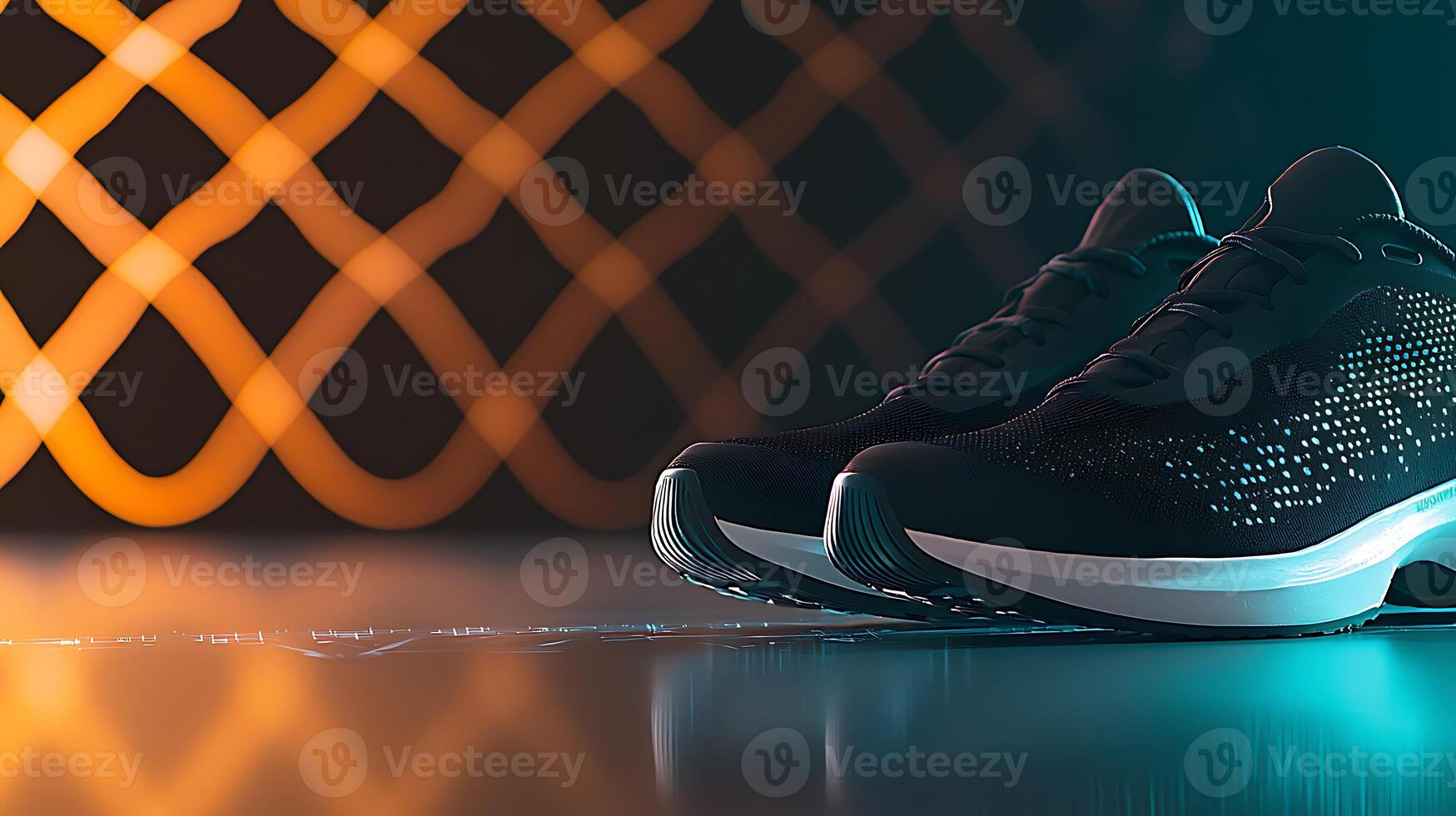 Stylish black athletic shoes displayed on a reflective surface with dynamic lighting patterns photo