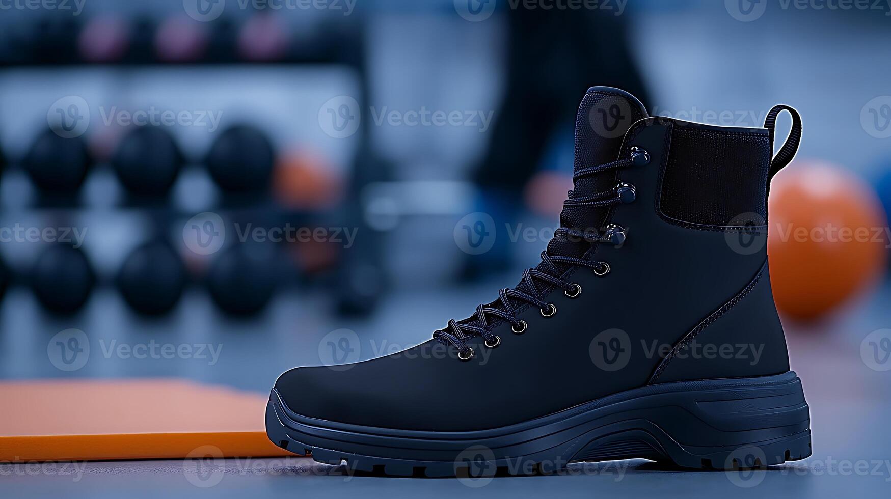 Stylish black hiking boots positioned on a gym floor with weights and exercise equipment in the background photo