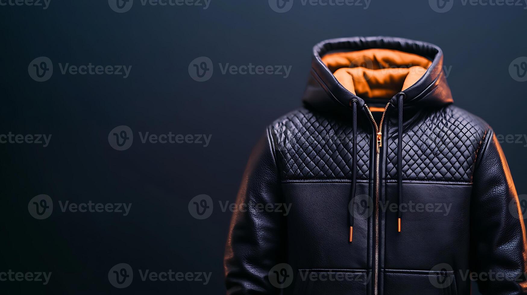 Stylish black leather jacket with orange lining displayed against a dark background photo