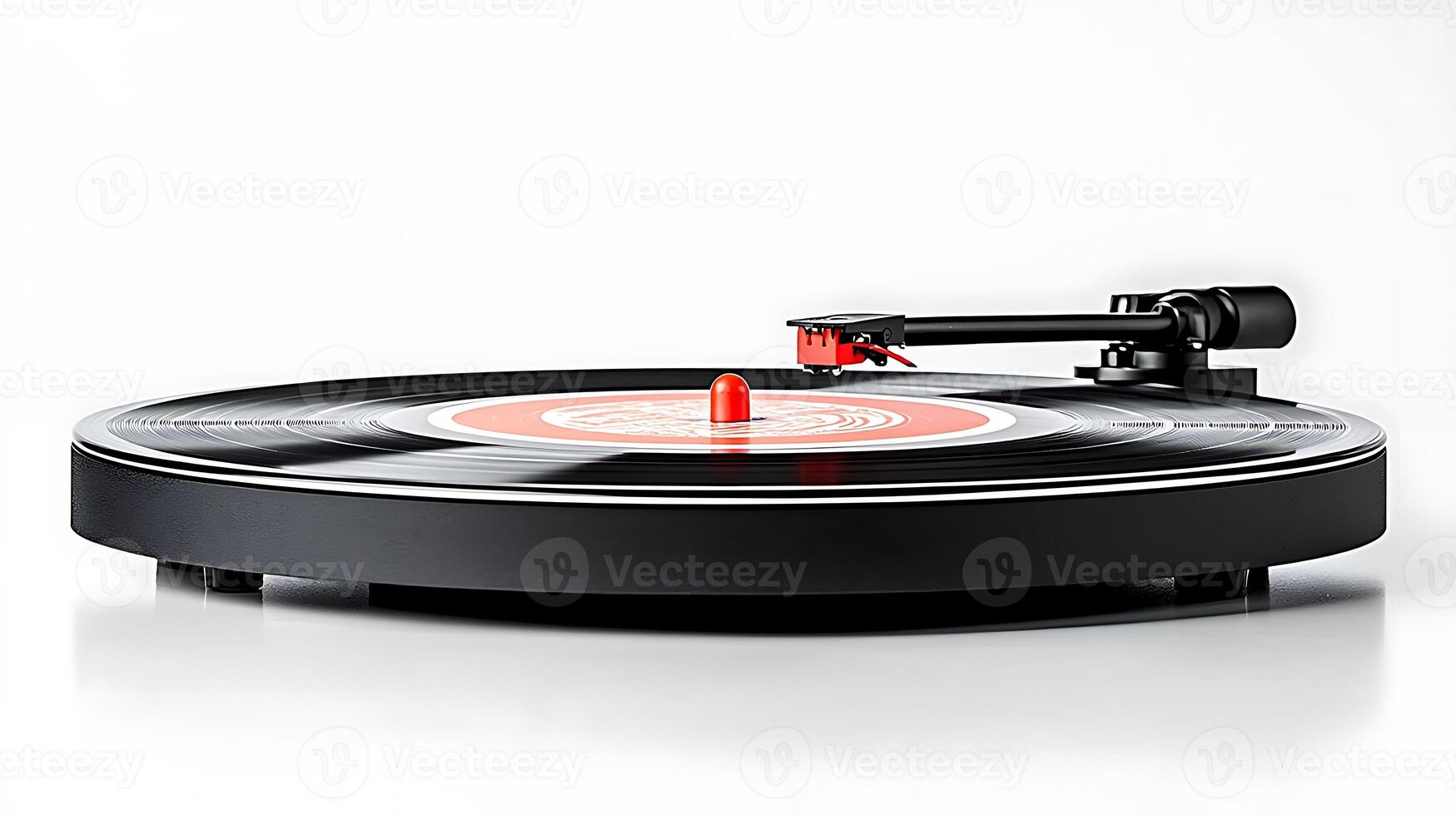 Stylish black turntable with a vibrant red center label spinning vinyl records on a white background photo
