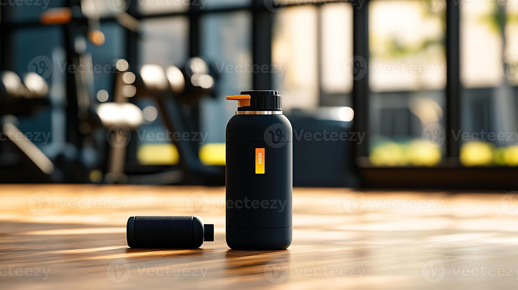 Stylish black water bottles on a wooden floor in a modern gym with fitness equipment in background photo