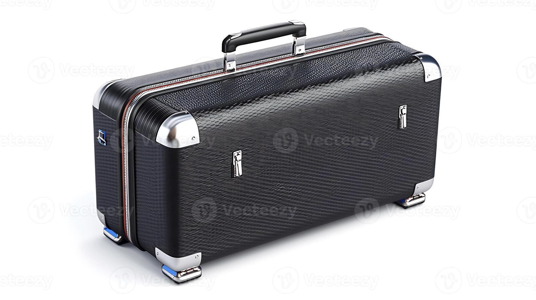 Stylish black vintage suitcase with metal accents, placed on a clean surface, ready for travel photo