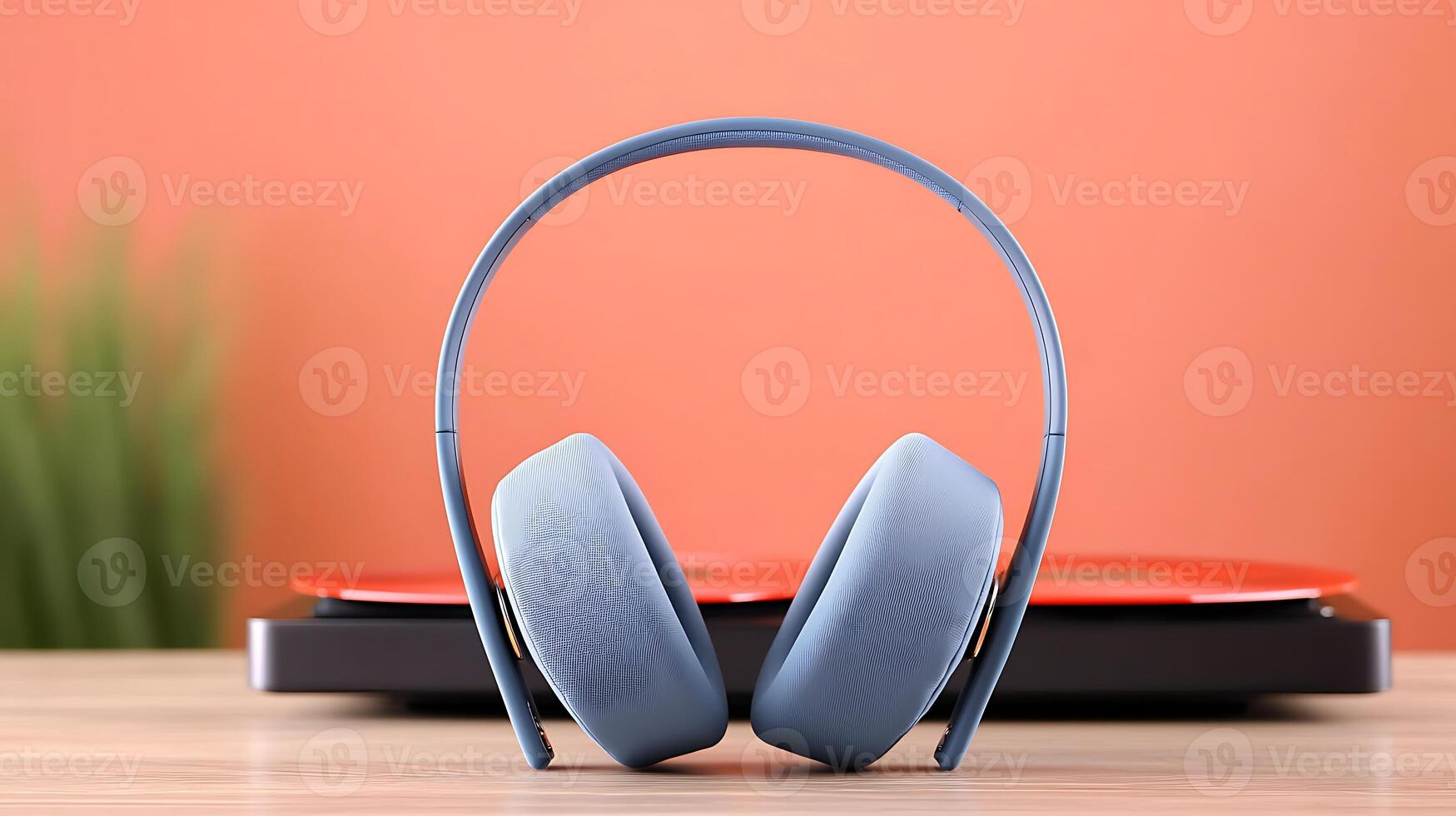 Stylish blue headphones placed on a wooden table in front of a vibrant orange wall with a record player photo
