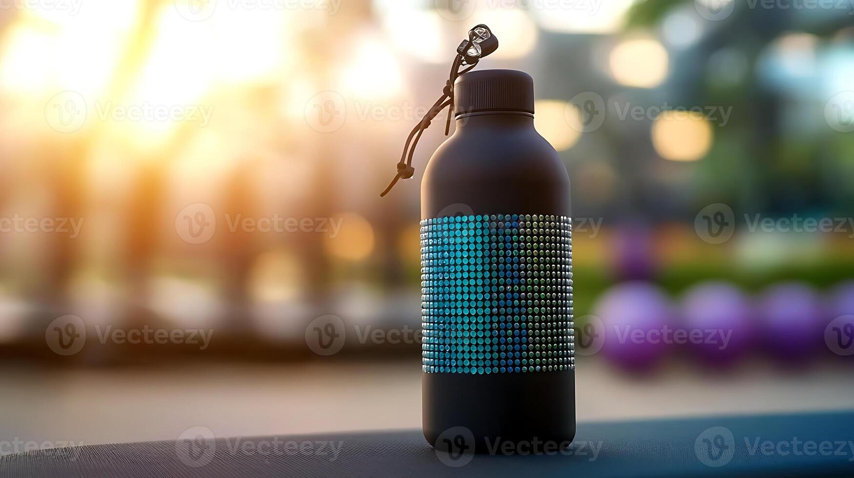Stylish black water bottle with a textured design, set against a blurred outdoor backdrop photo