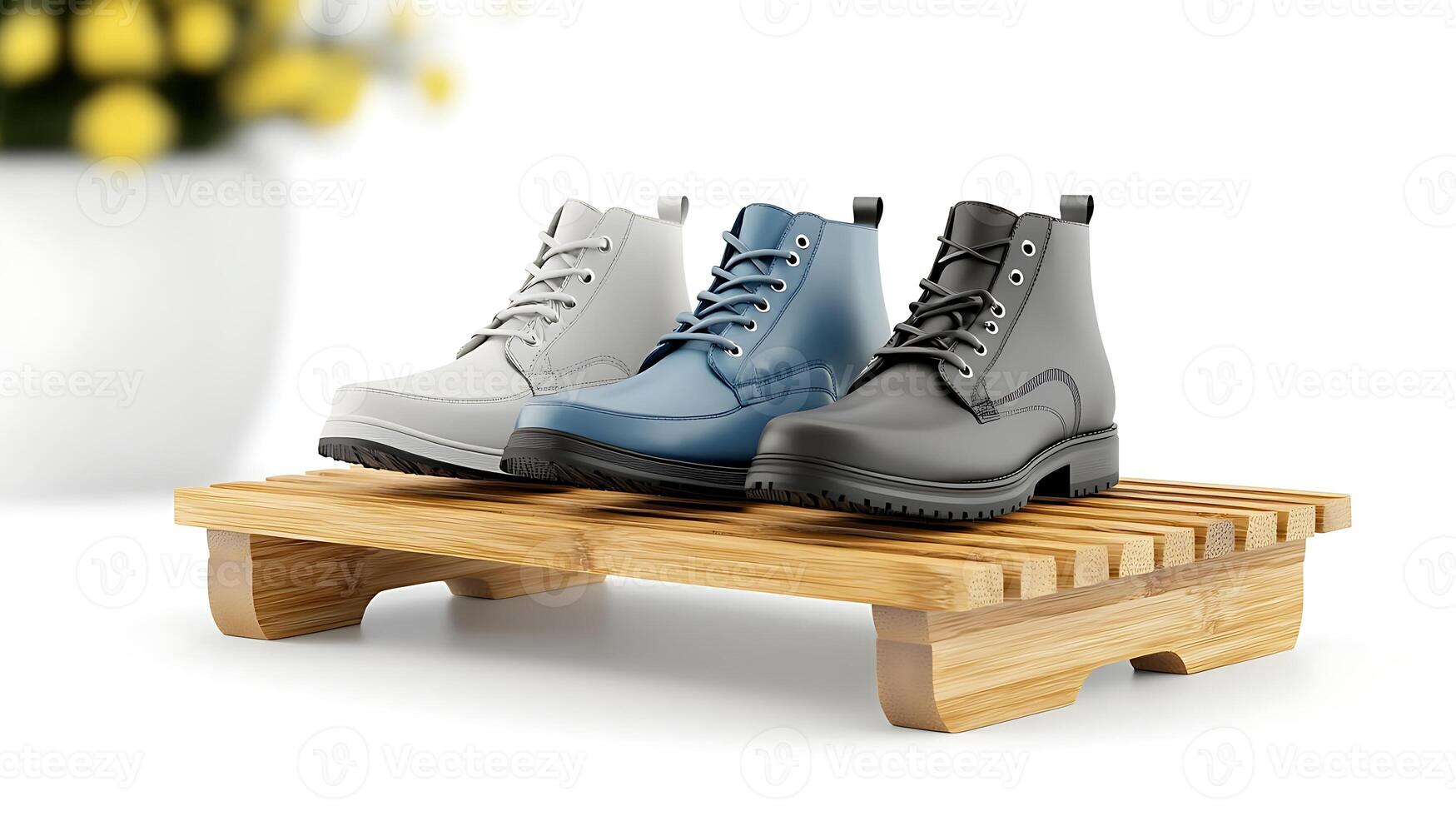 Stylish boots displayed on a wooden pallet with a blurred floral background, ideal for fashion promotion photo