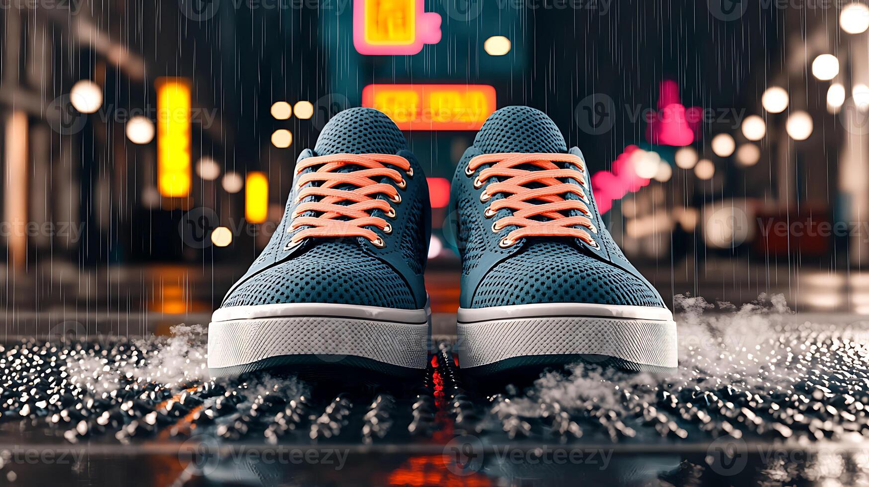Stylish blue sneakers with orange laces on a wet street at night, illuminated by neon lights photo