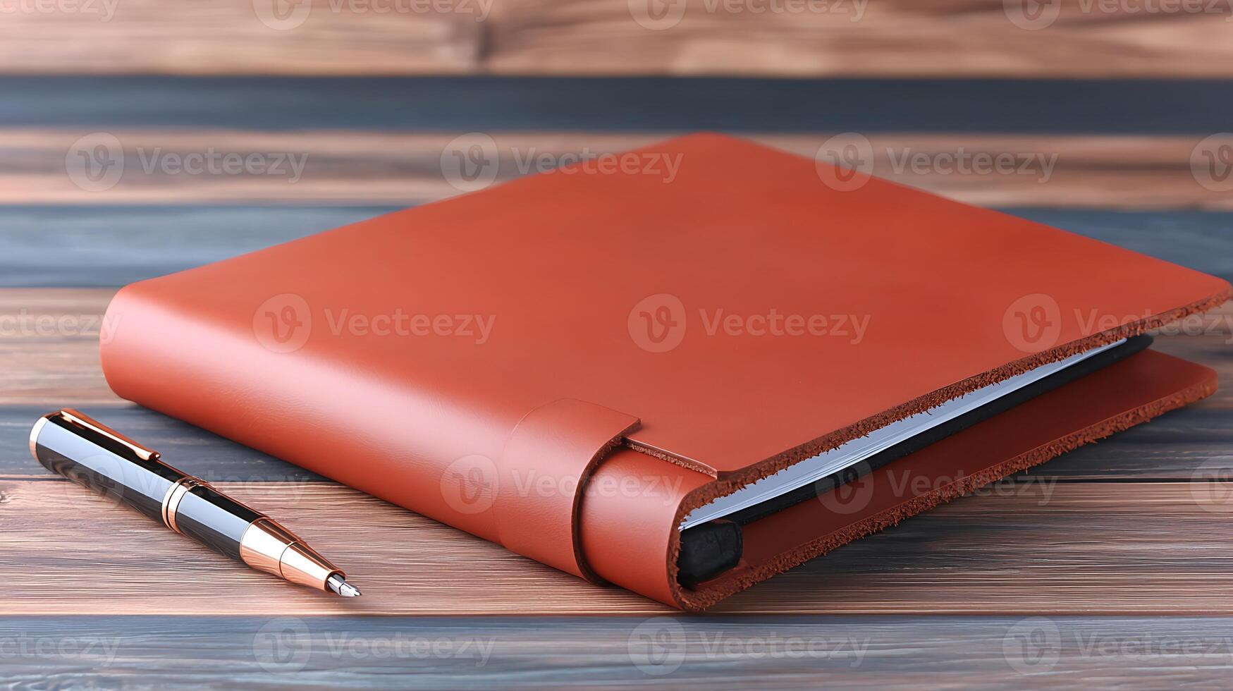 Stylish brown leather folder with pen on wooden desk, showcasing a professional workspace photo