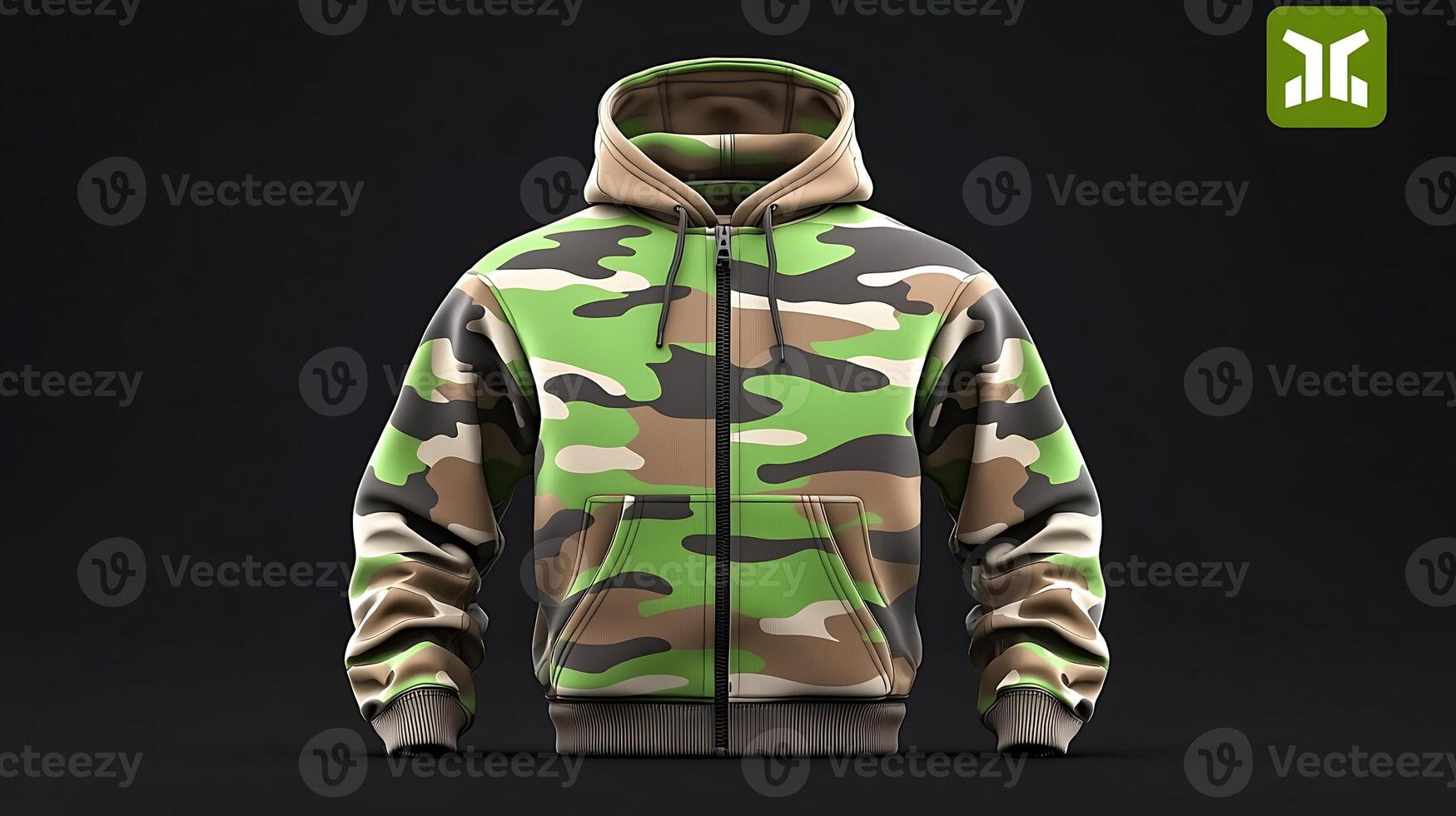 Stylish camo zip-up hoodie displayed against a dark background, showcasing modern design and colors photo