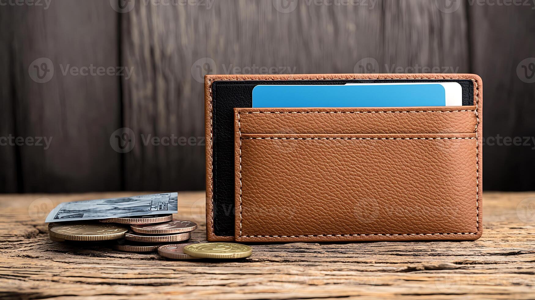 Stylish brown leather wallet with cards and coins on a rustic wooden surface photo