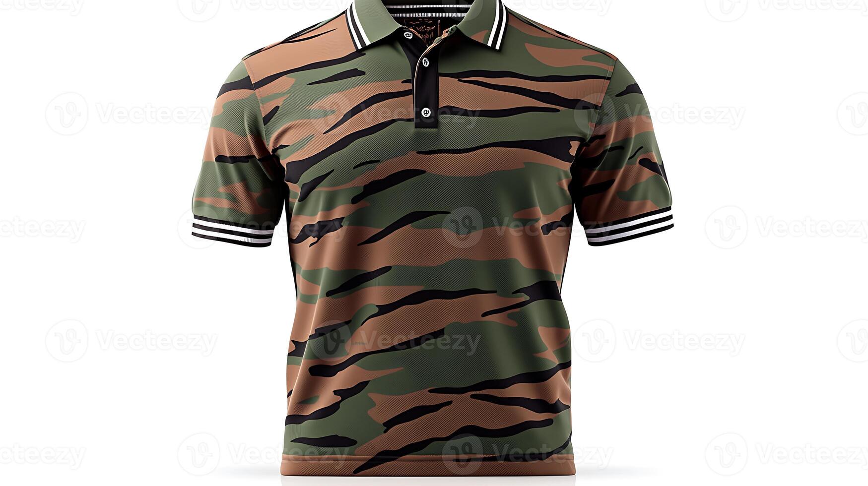 Stylish camouflage polo shirt with bold tiger stripe pattern displayed on a clean background photo