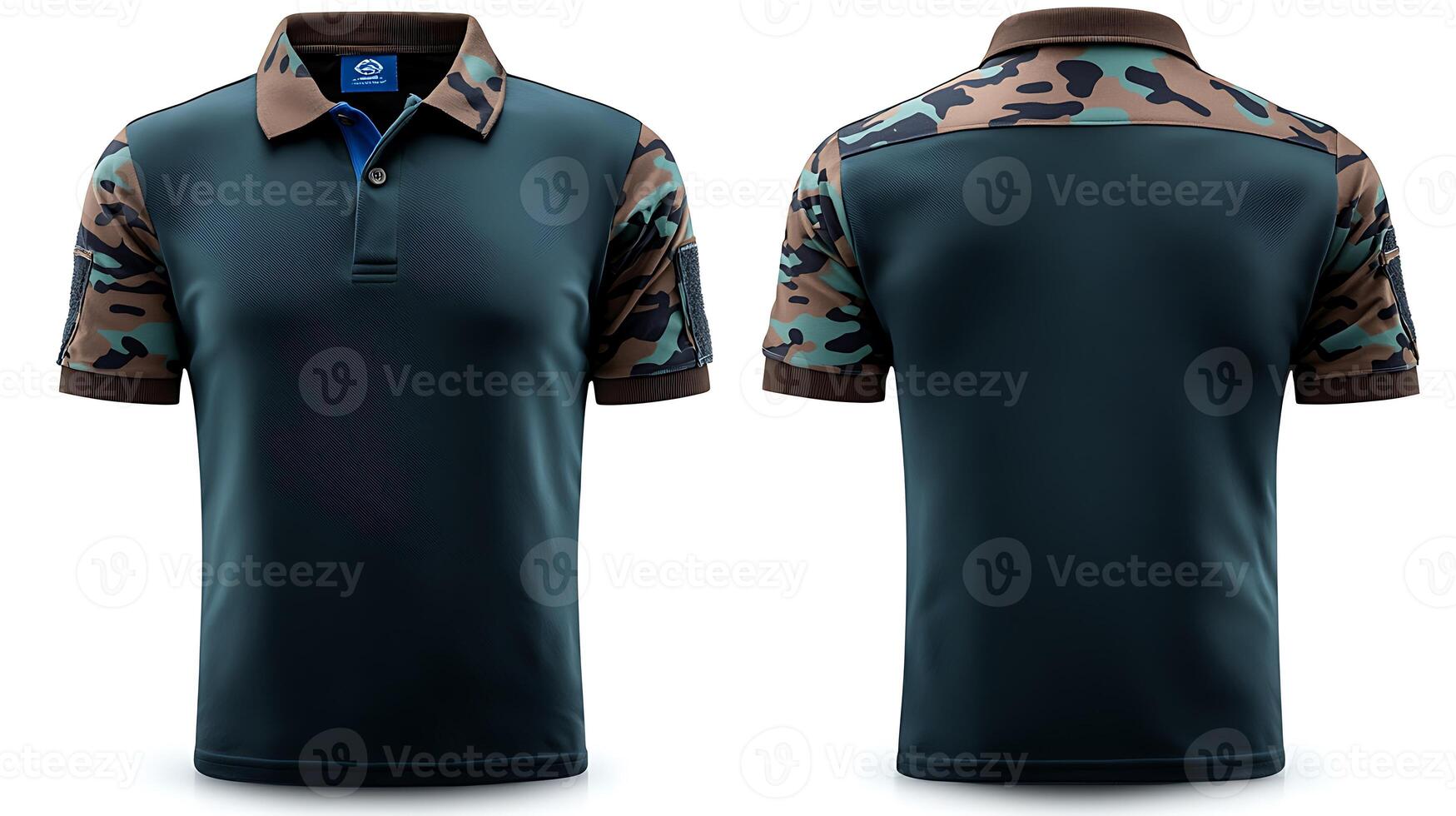 Stylish camouflage polo shirt displayed from front and back, showcasing modern design and color scheme photo