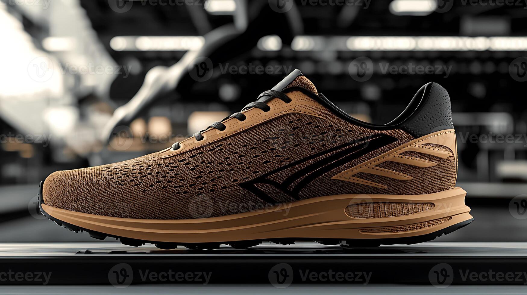 Stylish brown running shoe showcased on a treadmill in a modern gym setting with blurred athletes photo