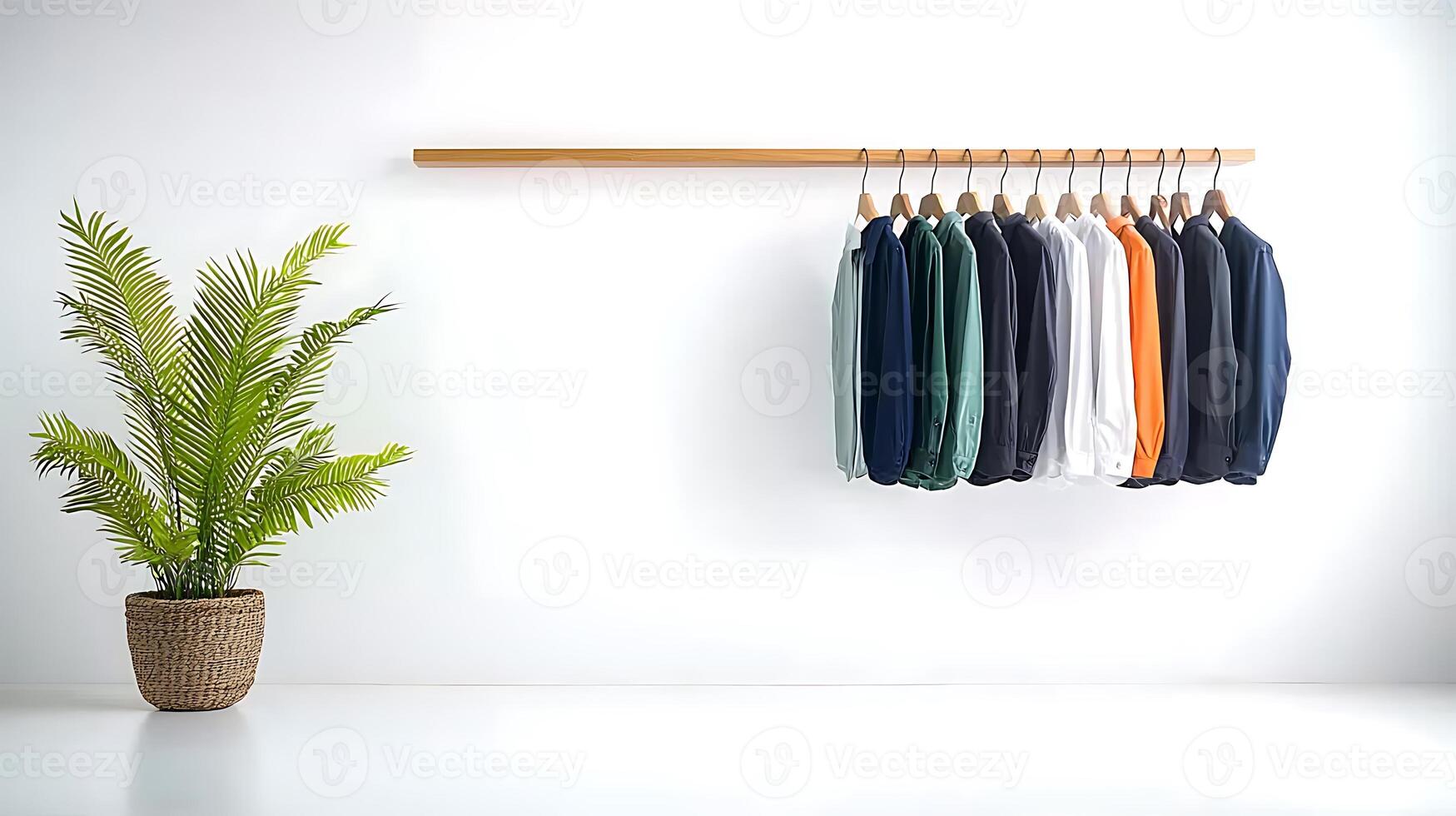 Stylish clothing display on a minimalist wall with a potted plant in a modern setting photo