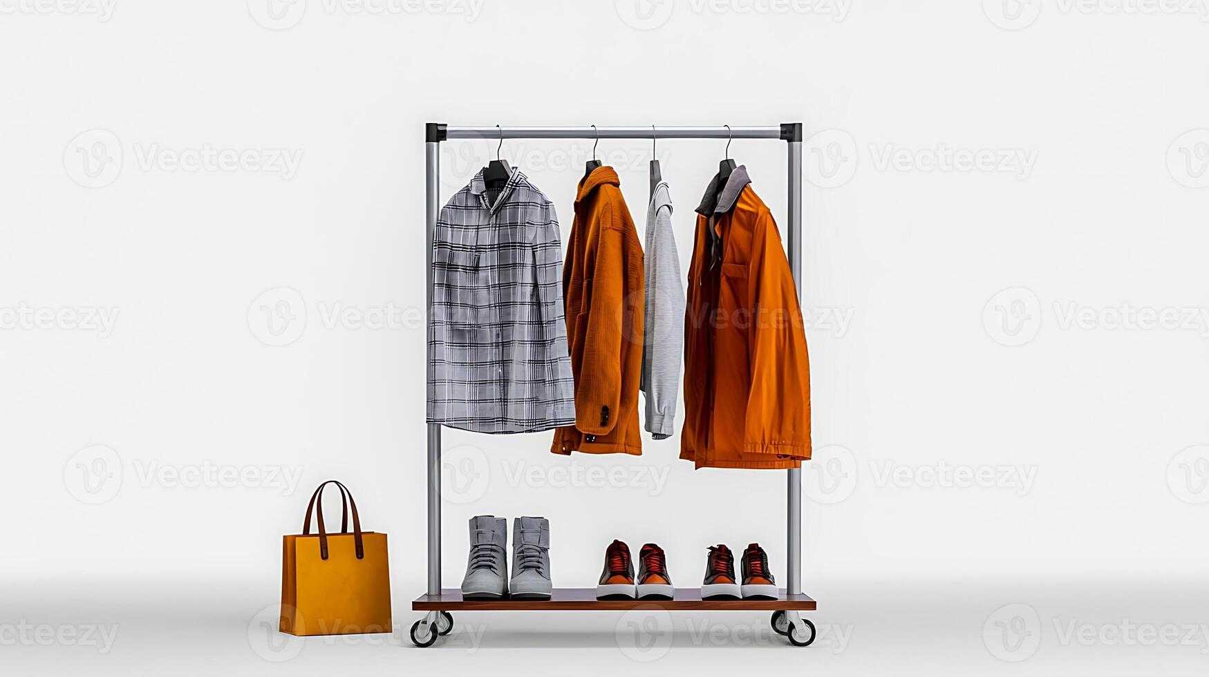 Stylish clothing display featuring jackets, shoes, and a handbag on a minimalist rack in a bright setting photo