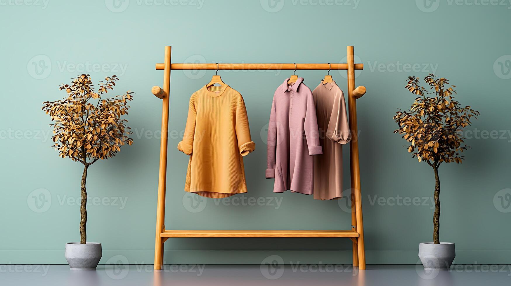 Stylish clothing display on a wooden rack against a pastel wall with decorative plants photo