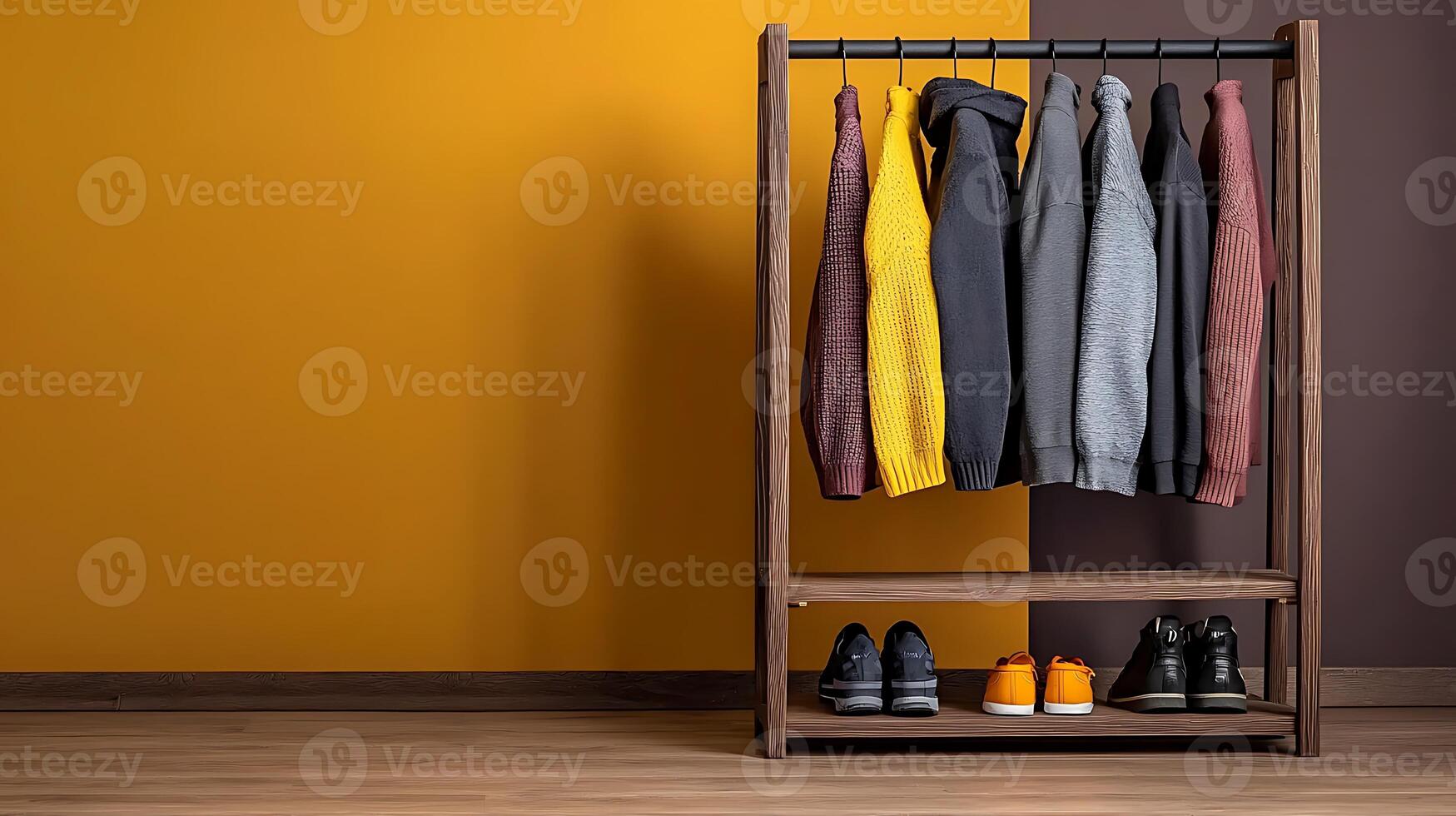 Stylish clothing rack with colorful hoodies and shoes against a vibrant two-tone wall photo