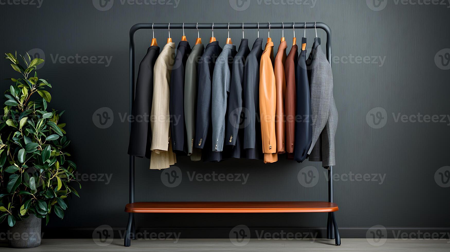 Stylish clothing rack displaying a variety of suits against a modern, minimalist backdrop photo