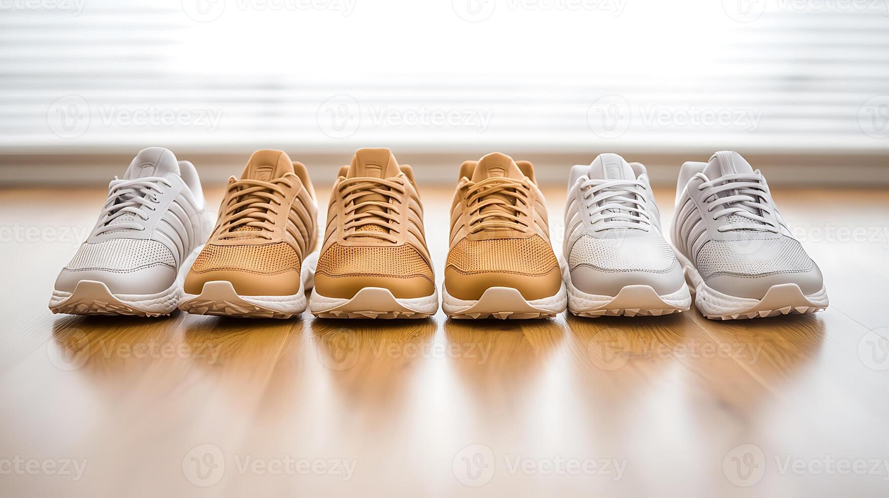 Stylish collection of athletic shoes arranged neatly on a wooden floor with natural light photo