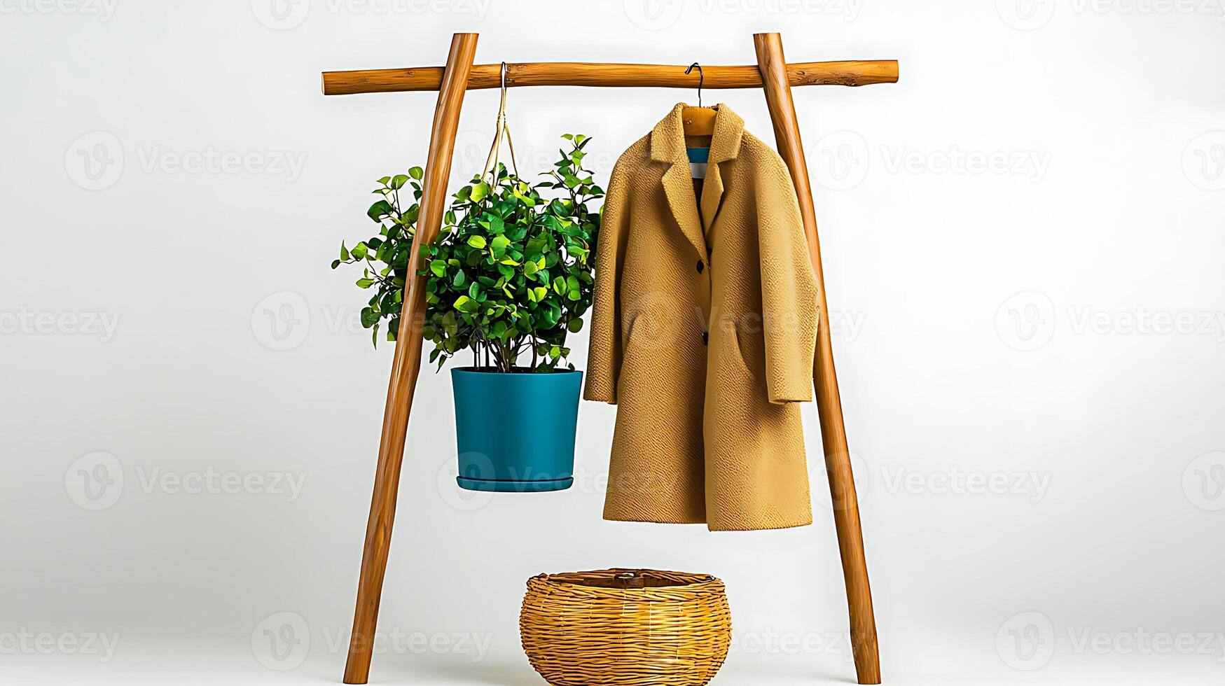 Stylish coat displayed on a wooden rack with a potted plant and woven basket, minimalist background photo