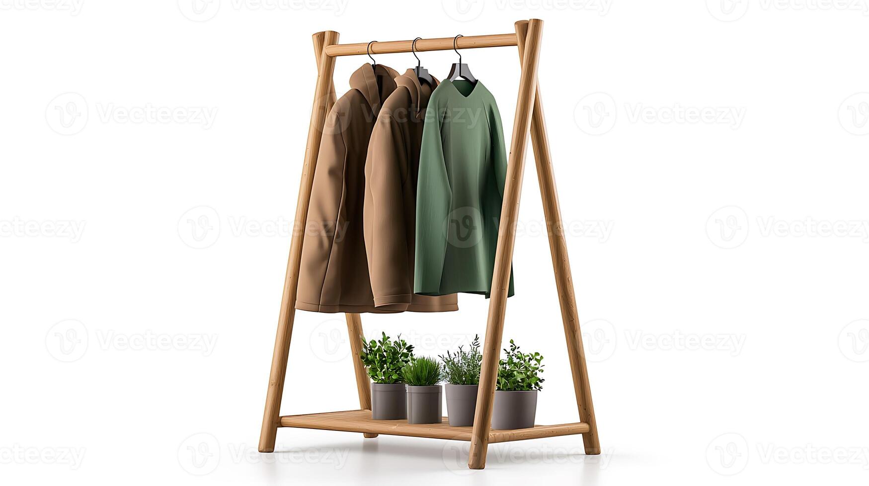 Stylish display of three jackets on a wooden rack with potted plants in a minimalist setting photo