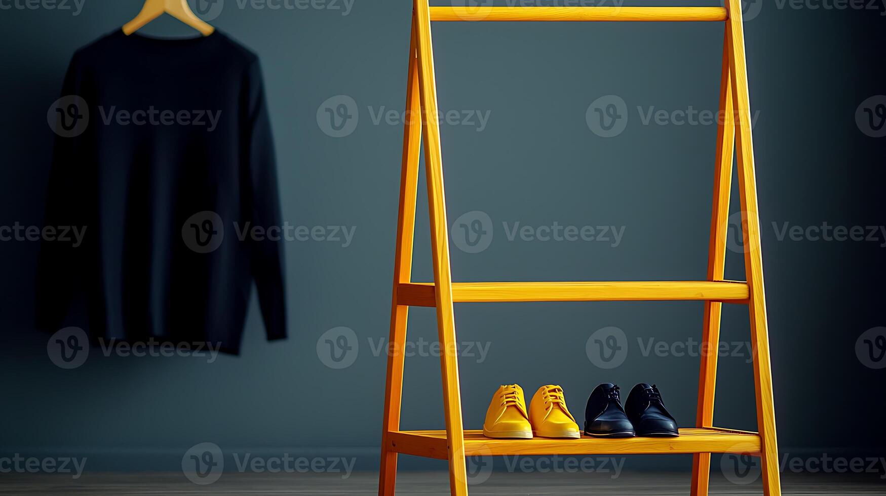 Stylish display of vibrant footwear on a modern wooden shelf against a minimalist backdrop photo