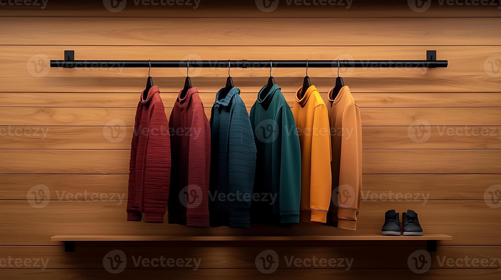 Stylish display of colorful hoodies hanging on a wooden rack in a minimalistic setting photo