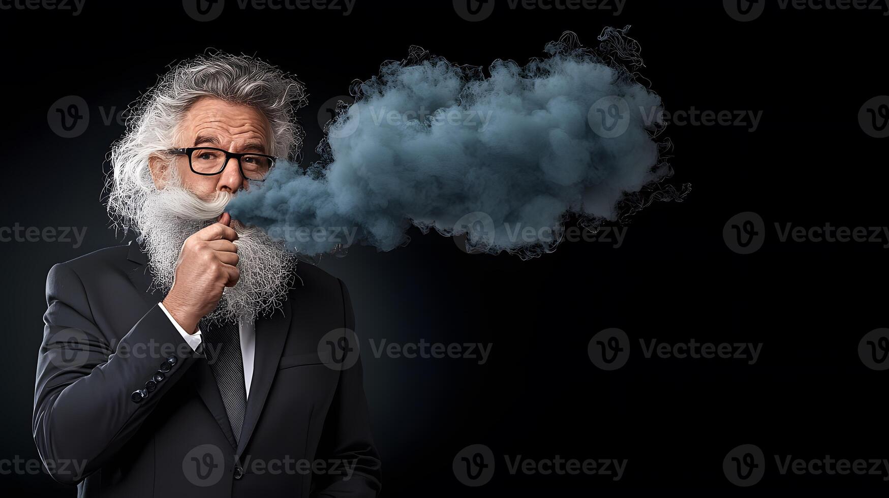 Stylish elderly man with a beard smoking a pipe, surrounded by a dramatic smoke cloud, indoors photo