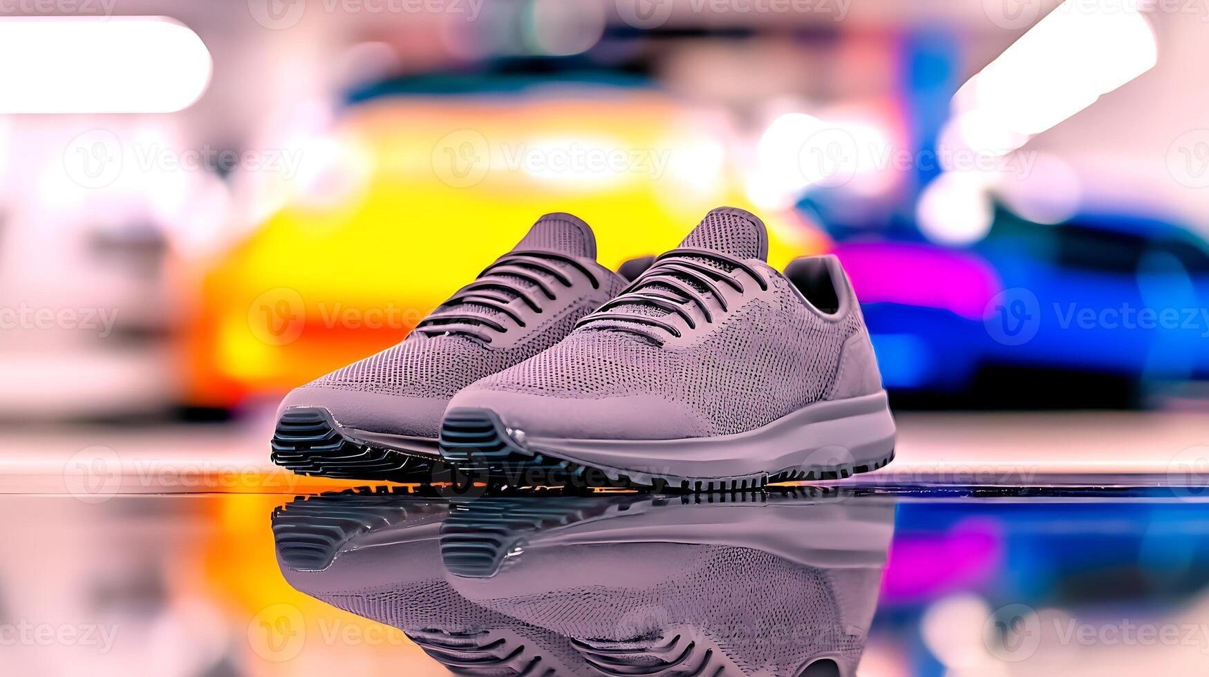 Stylish gray sneakers displayed on a reflective surface in a vibrant automotive showroom photo