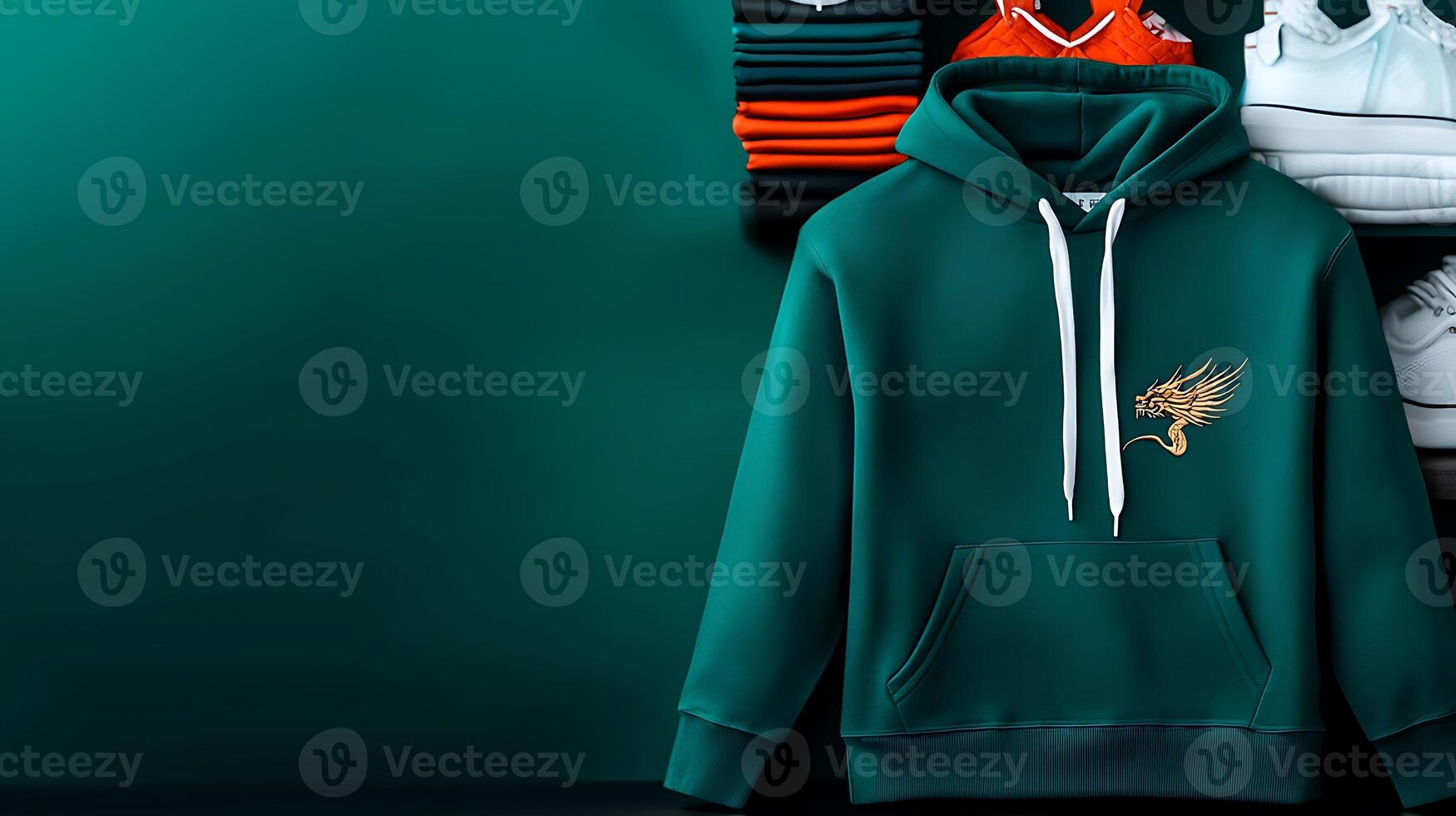 Stylish green hoodie with dragon emblem displayed against a vibrant background with shoes photo