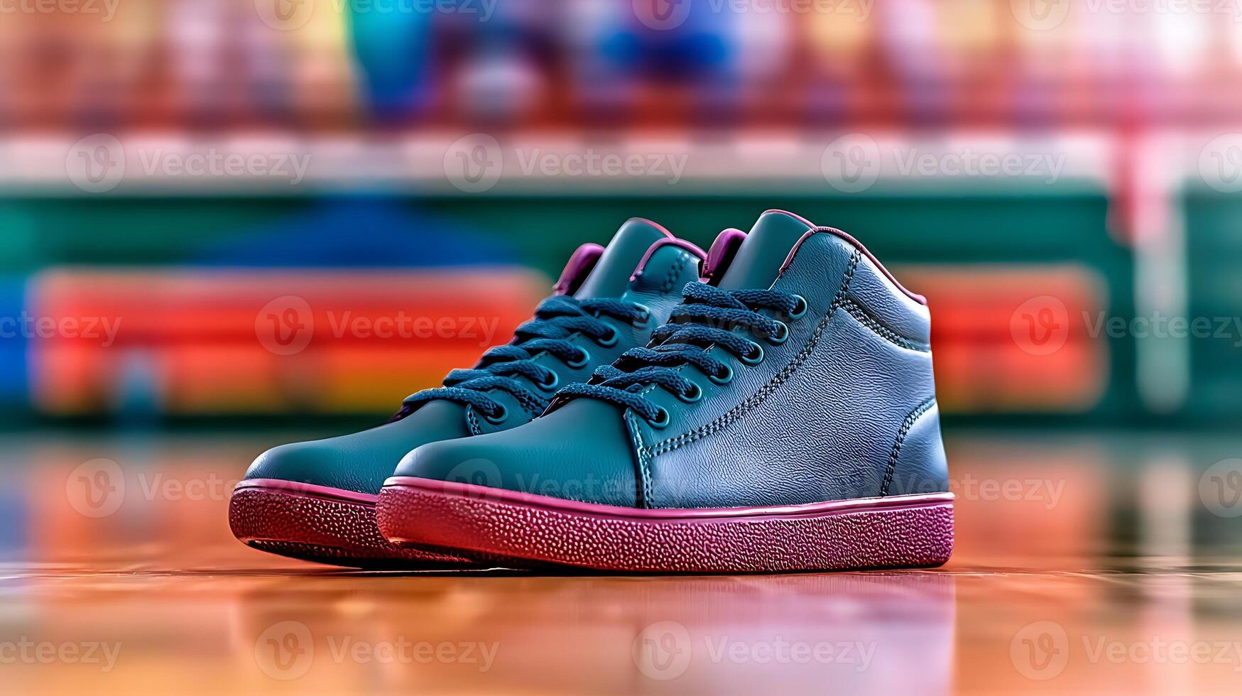 Stylish high-top sneakers on a vibrant basketball court with blurred background activity photo