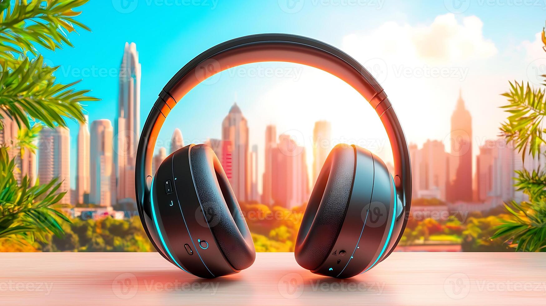 Stylish headphones resting on a table with a vibrant city skyline and lush greenery in the background photo