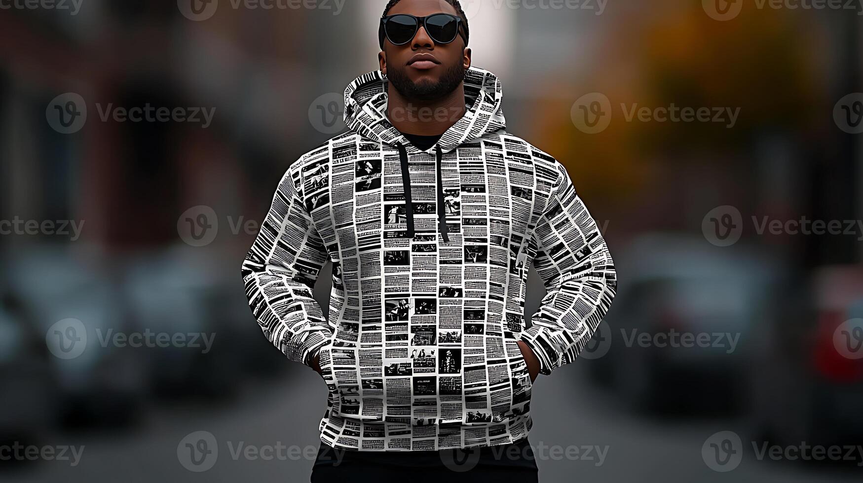 Stylish individual wearing a graphic hoodie stands confidently on a city street with autumn trees photo