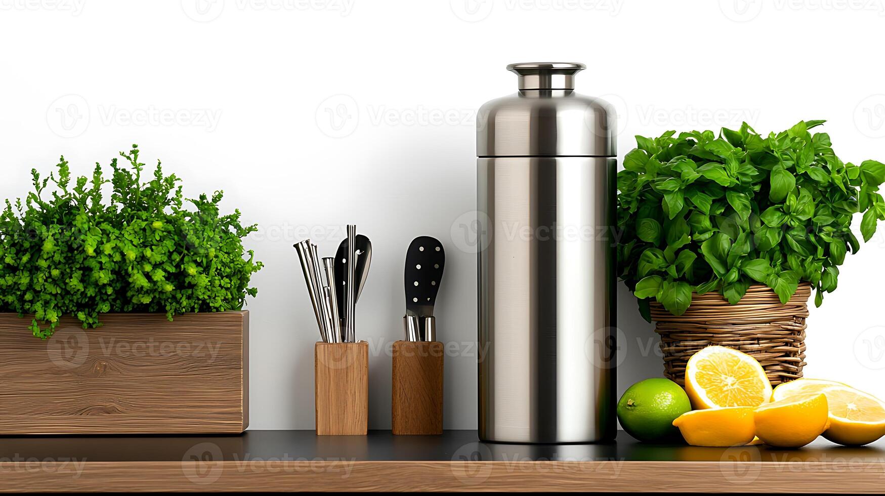 Stylish kitchen countertop featuring a stainless steel shaker, fresh herbs, and citrus fruits photo