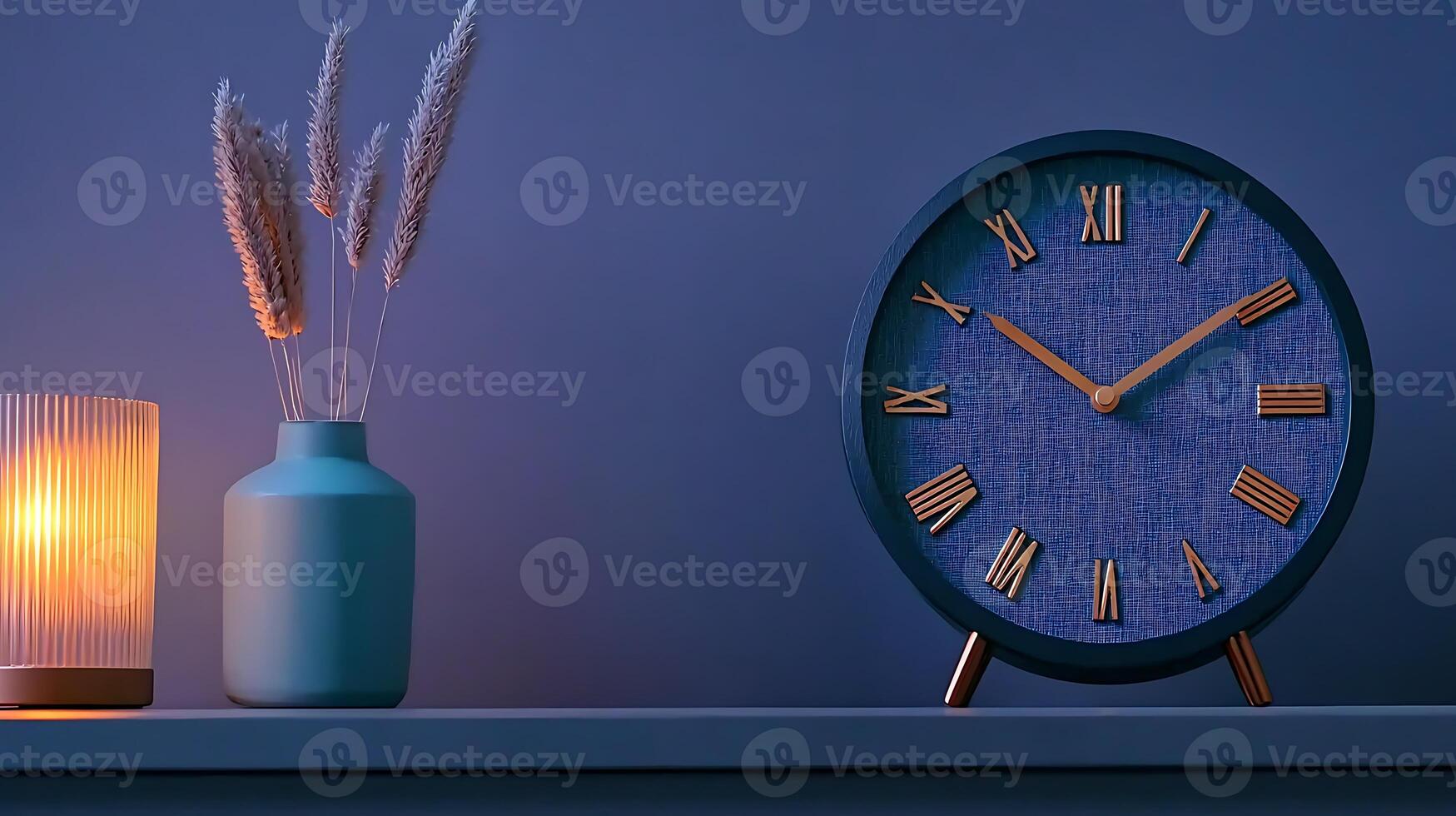 Stylish interior scene featuring a blue clock and decorative vase with soft lighting ambiance photo
