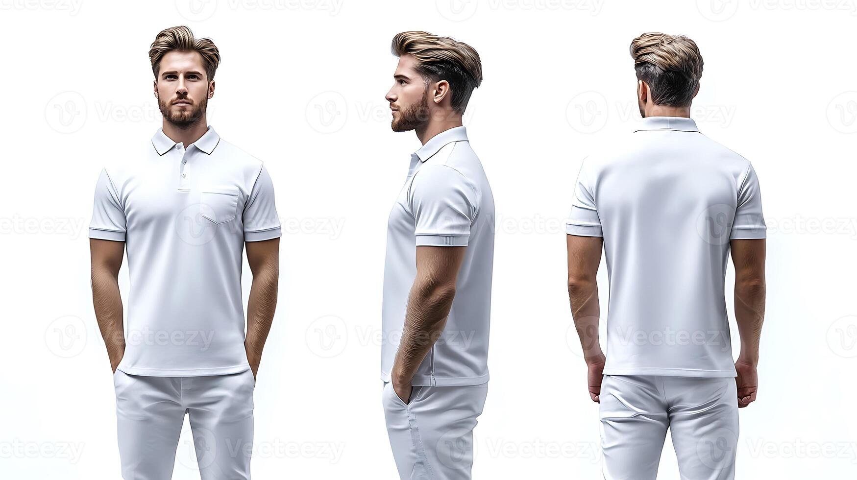 Stylish male model showcasing a white polo shirt from multiple angles against a plain backdrop photo